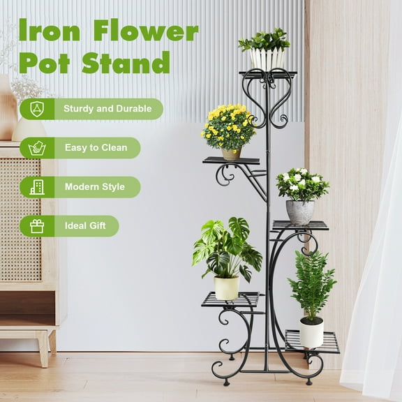 Wildnix 5-Tier Plant Stand with Staggered Design, Black Iron Construction, and Open Trays for Displaying Plants and Flowers