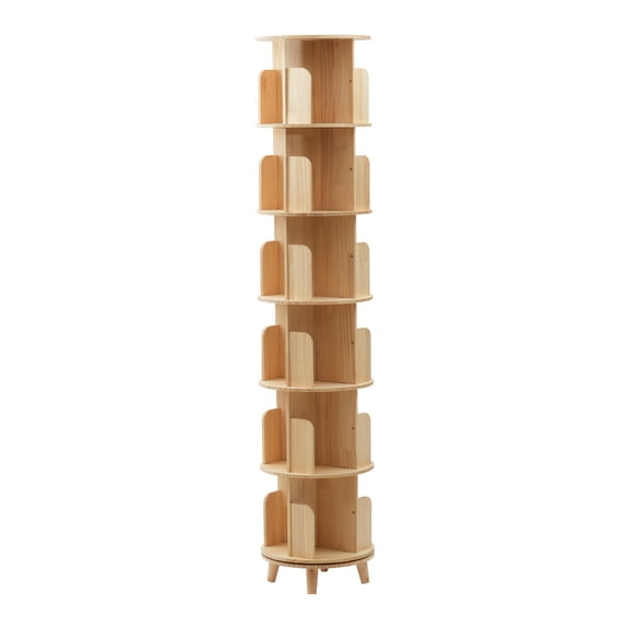 Wildnix 6-Tier Revolving Bookstand, Pine Wood Organizer with 360 Rotation for Books & Decorations