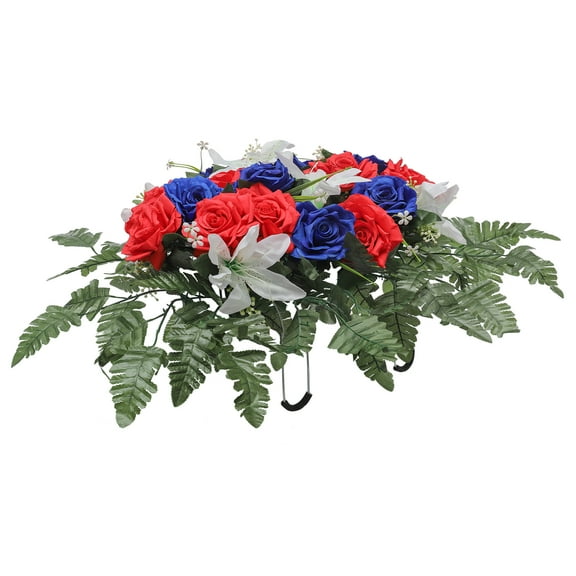 Wildnix Artificial Cemetery Flower with Blue Roses, Red Roses, and White Lilies, Handmade Silk and Iron Wire, Weatherproof, Durable, Low Maintenance for Long-Term Remembrance
