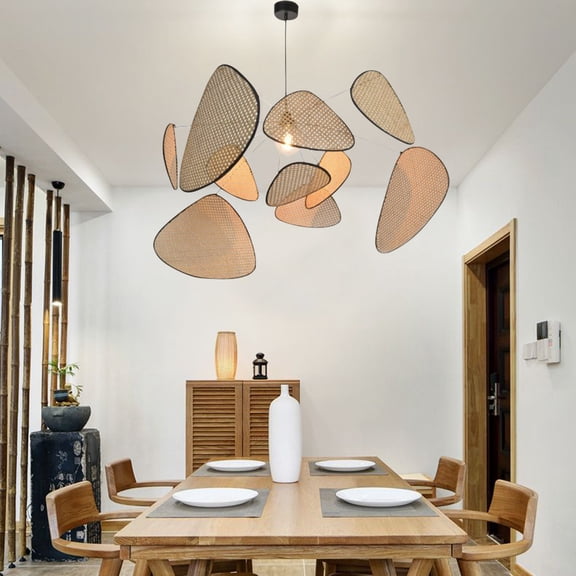 Wildnix Bamboo Wicker Chandelier with LED Light, Modern Pendant Lights for Home Dcor, Warm Light, Adjustable Hanging Rod, Ceiling Mounted