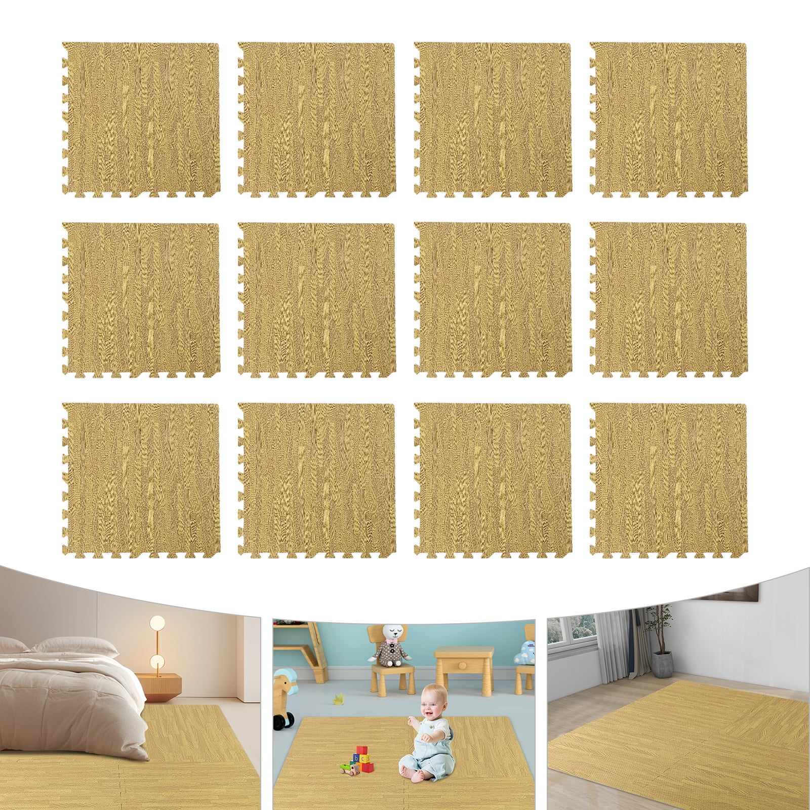 Wildnix Brown Foam Tiles with Wood Grain Pattern, EVA Foam Mats for Floor, 12 Pieces, Non-Slip, Safe for Kids, Elderly, and Home Decor