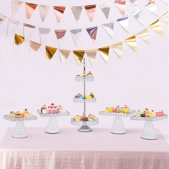 Wildnix Cake Stands Set, 5-Piece Silver Plated, Crystal Inlay, Elegant Wedding Dessert Display, 3-Tier & Square Cake Stands, Ideal Gift