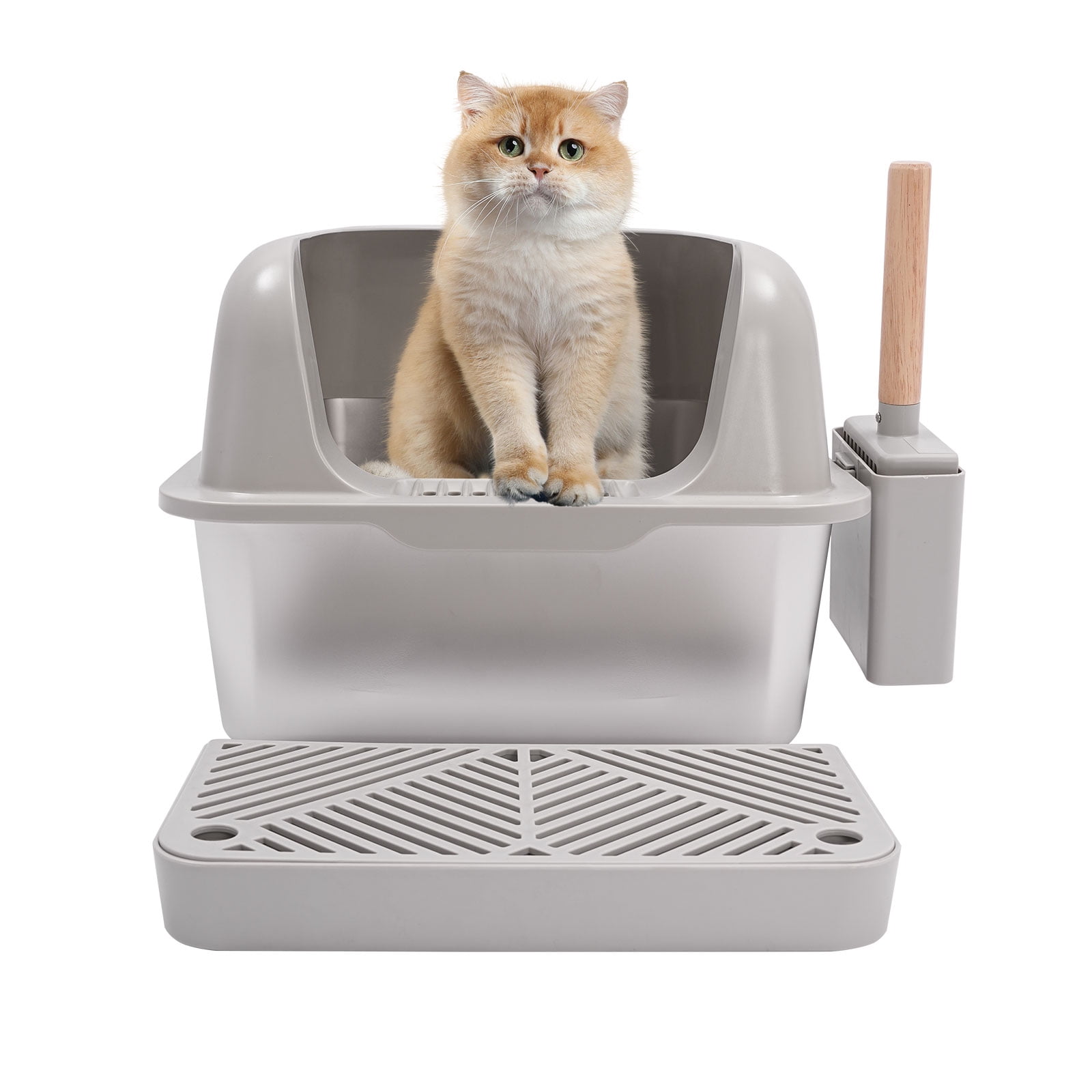 Wildnix Cat Litter Box, Large Semi-Open Design with Stainless Steel Interior, 5.28 Gal Capacity, Easy to Clean with Litter Scoop & Holder