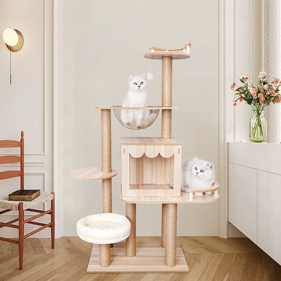 Wildnix Cat Tree with Fence Design, Comfortable Cushion for Cats, Safe Viewing Platform, Modern MDF Construction with Hemp Rope and Acrylic