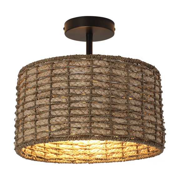 Wildnix Ceiling Lights with Rattan Weaving Shade, 2 x 60W Bulb Holders, Dimmer Compatible, Anti-Rust Iron, Soft & Bright Lighting for Home & Office