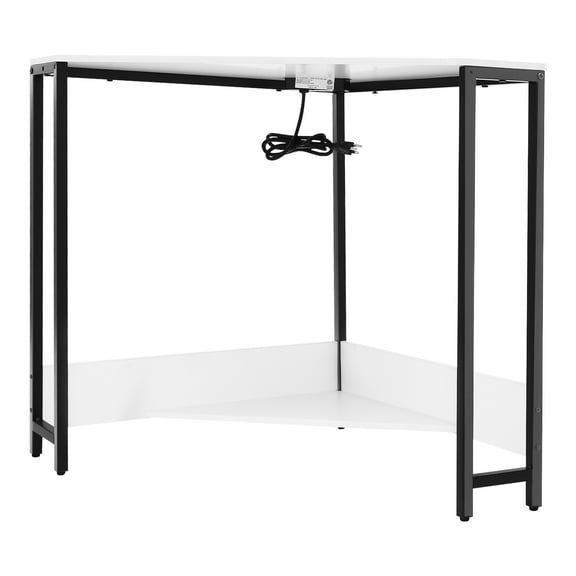 Wildnix Electric Adjustable Stand-Up Corner Desk, Triangular Design, Modern White Computer Workstation with Lower Shelf, 31-51" Height Range