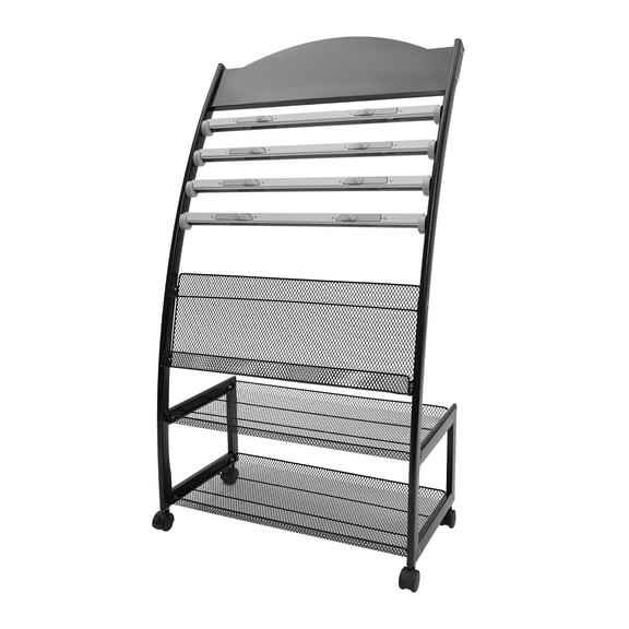 Wildnix Foldable Magazine Rack with 4 Wheels, Metal Stand for Brochures, Newspapers, and Magazines, Aluminum Clips and Anti-drop Baskets, Free Standing