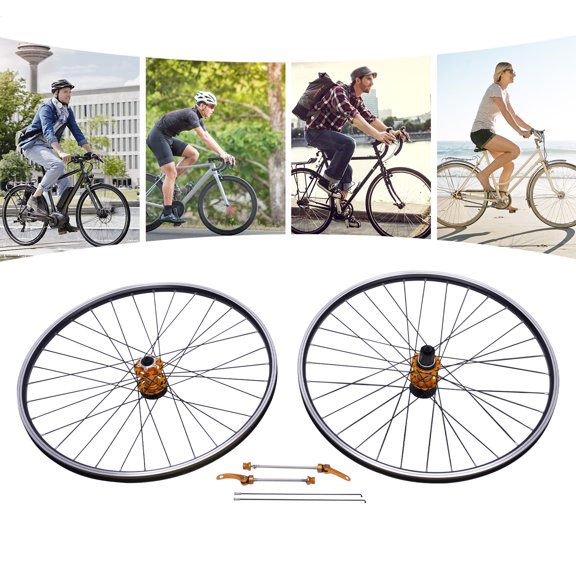 Wildnix Front and Rear Bicycle Wheelset, Durable Aluminum Alloy and Steel, 2 Bearings at Front, 4 Bearings at Rear, Double Six-Hole Disc Brakes, Stylish Gold Hub, Easy to Install