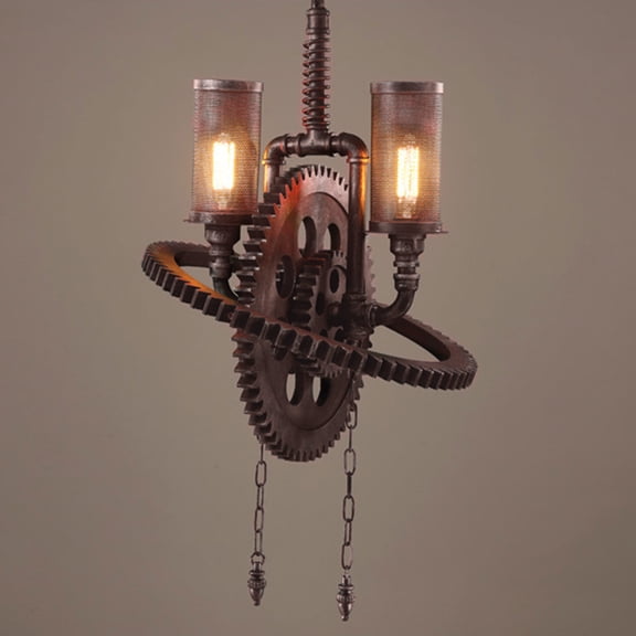 Wildnix Gear Chandelier with Wood and Iron Elements, Adjustable Ceiling Light for Dining Room, Living Room, and Studio
