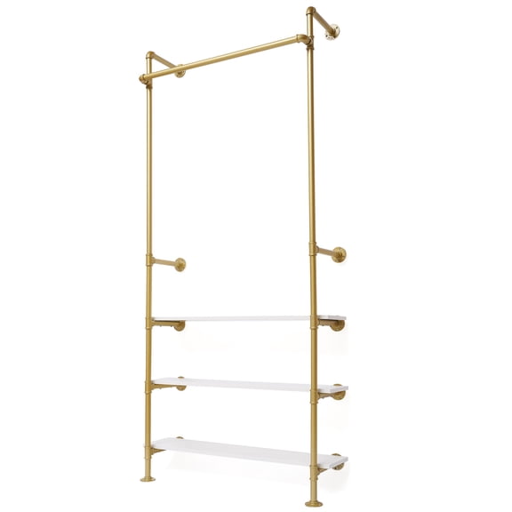 Wildnix Gold Clothing Hanging Rack, Industrial Wall-Mounted Clothes Rack with 3 Shelves, Sturdy Iron Construction and Adjustable Height