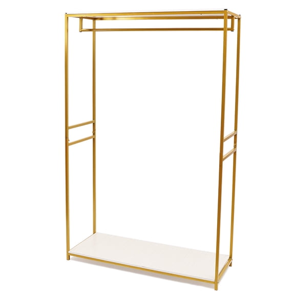 Wildnix Gold Clothing Hanging Rack with Wood Shelf, Stylish Modern Design for Displaying Clothing in Boutiques or Fashion Shows