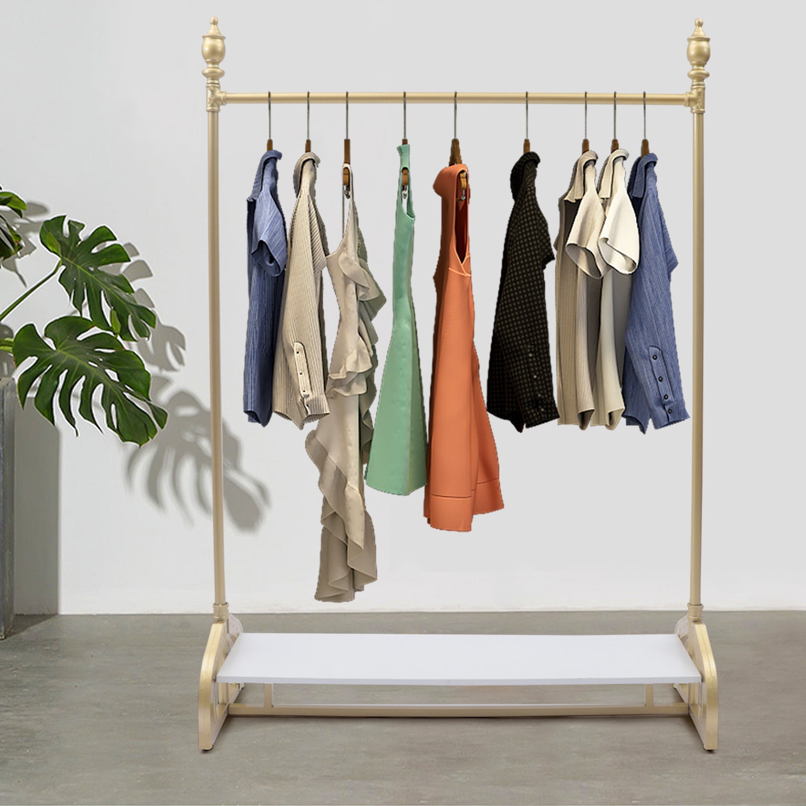 Wildnix Golden Garment Rack with Solid Wood Base and Steel Feet, High ...