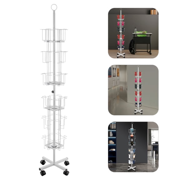 Wildnix Greeting Card Display Stand, 6-Tier Card Rack with 24 Pockets, 360 Rotatable Design, Black/White, Sturdy Iron Frame with Universal Wheels for Easy Movement