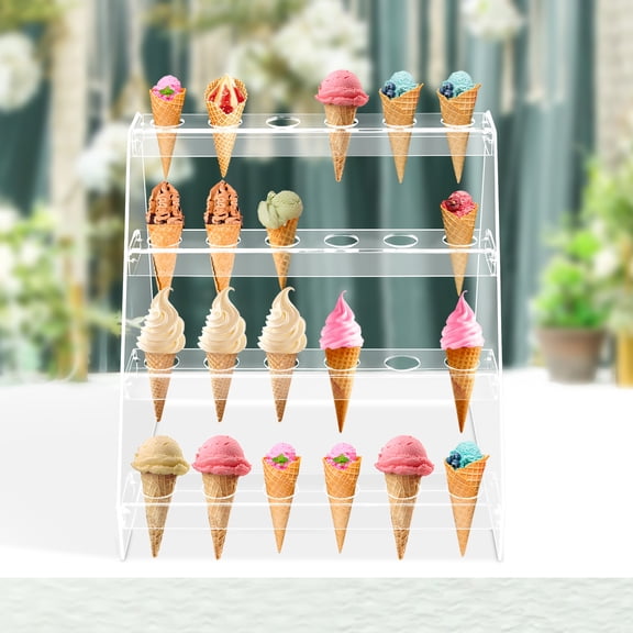 Wildnix Ice Cream Cone Serving Holder, 4-Layer Acrylic Display Stand, Clear Design, 24 Holes, Perfect for Weddings, Parties, and Birthdays