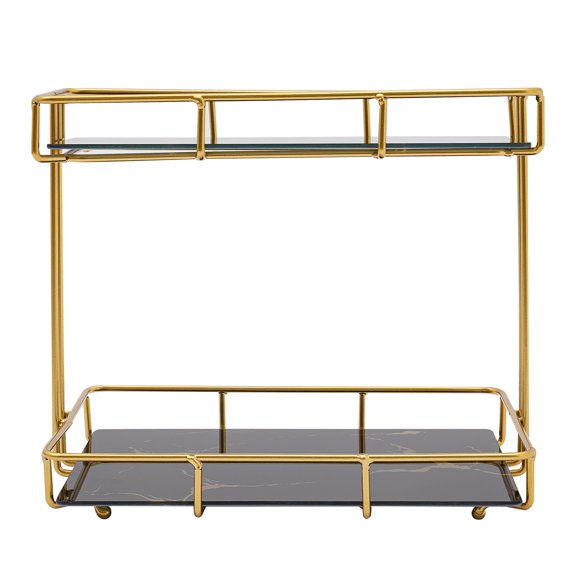 Wildnix Industrial 2-Tier Bathroom Organizer, Black and Gold Iron and Glass Shelves, Modern Tabletop Storage Solution with Protective Guardrails