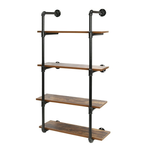 Wildnix Industrial Pipe Shelving Wall Mount, 4-Tier Hanging Shelf, Black and Brown Steel Pipe and Wooden Board, Sturdy and Stylish for Books, Wine Glasses, and More