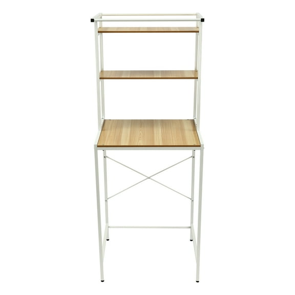 Wildnix Industrial shelves with MDF countertop and iron brackets, 22 lbs load capacity per tier, 3-tier storage with large bottom compartment, crossbar for hanging towels, easy assembly