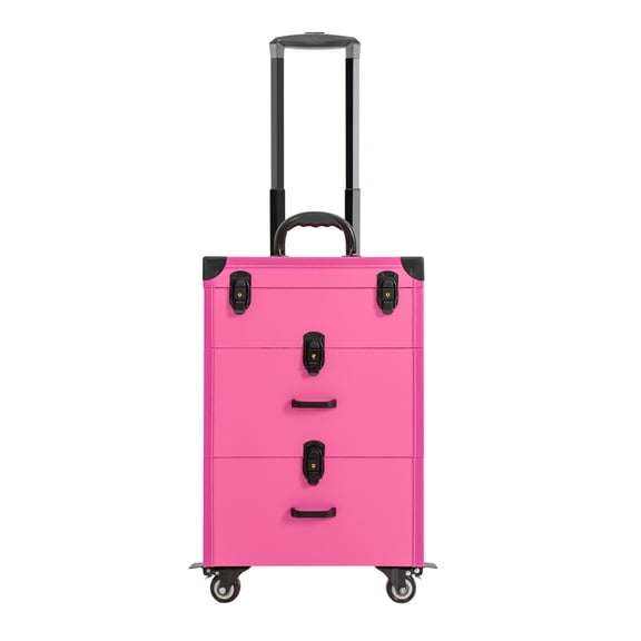 Wildnix Makeup Train Case with 3-Tier Design, Large Capacity, Removable Dividers, Waterproof Surface, Sturdy Aluminum Alloy Frame, Stylish Rose Red Color, Secure Latch Locks