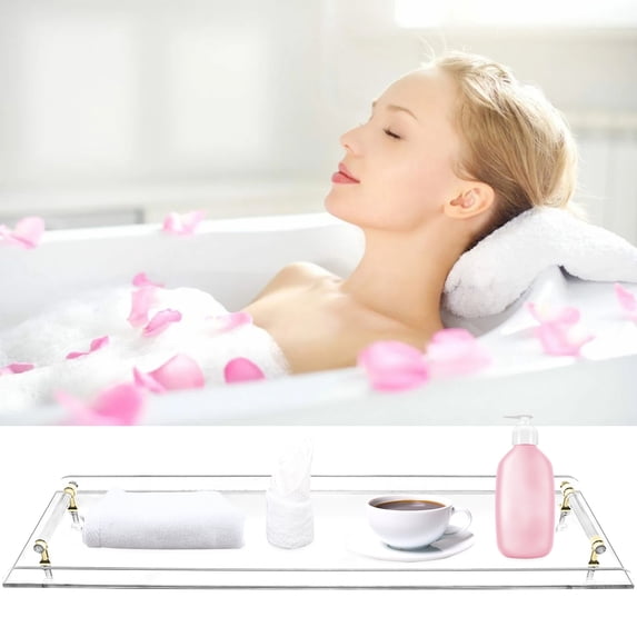 Wildnix Modern Acrylic Bathtub Caddy Tray with Raised Baffle and Practical Handles, Clear and Gold Color, Waterproof, , and Easy to Clean for Bathroom Organization
