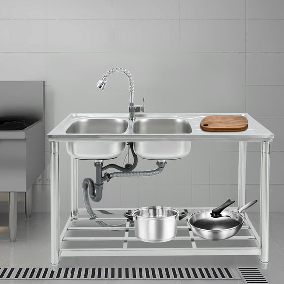 Wildnix Modern Stainless Steel Kitchen Sink with Pull-Out Faucet, Dual Bowls, Adjustable Feet, Efficient Drainage, and Extra Storage Space