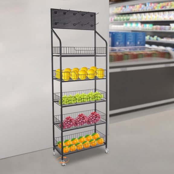 Wildnix Multi-Tier Retail Counter Display Rack with Hooks, Wheels, and Elevated Guardrails for Organized and Stylish Store Display