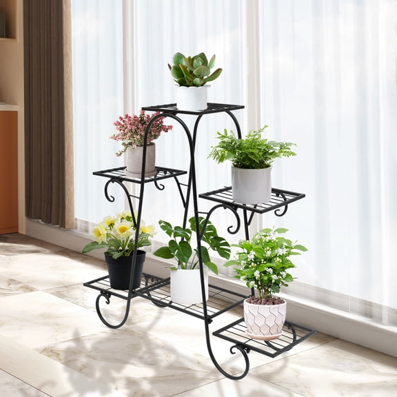 Wildnix Multifunctional Plant Rack 6 Platforms, 33 lbs Load Capacity per Shelf, Decorative Metal Stand, Ideal for Flowers, Books, and Home Supplies, Easy to Assemble