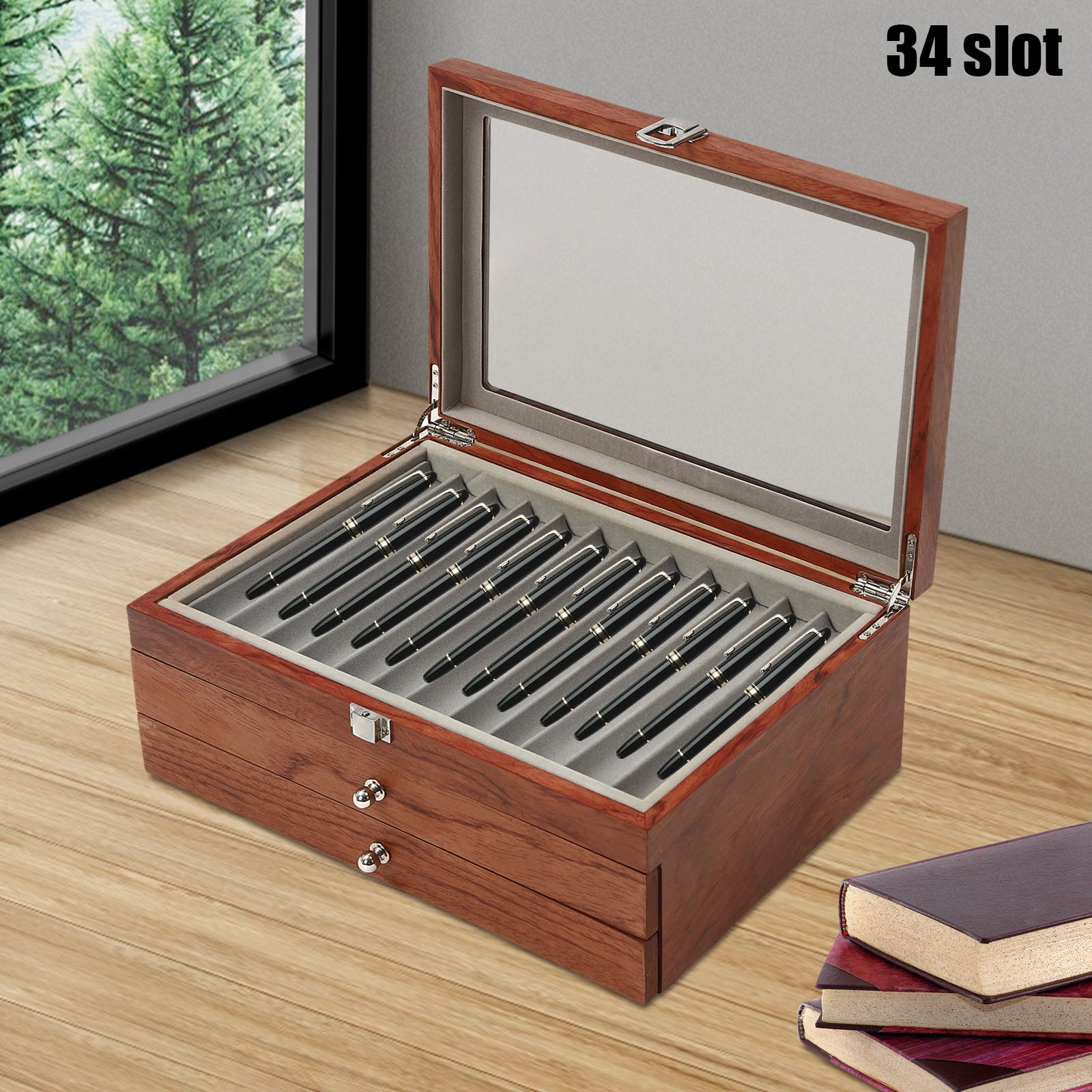 Wildnix Pen Box with 3-Tier Design, 34 Separate Compartments, &nbsp; Rosewood and MDF Construction, Velvet-Lined for Protection, Vintage Style with Smooth Finish, Ideal Gift for Pen Collectors