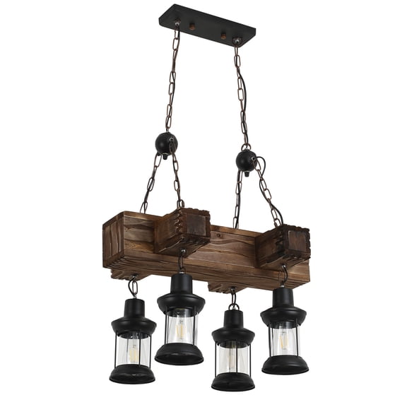 Wildnix Pendant Lights, Retro Wood and Metal Design, E26 Base, Black Metal Lampshade, Thick Metal Chains for Stability, Dustproof, Ideal for Homes, Bars, Cafes, Restaurants