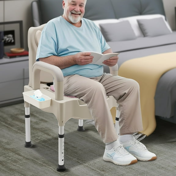 Wildnix Portable Bedside Commode Chair with Adjustable Height, Night Light, Removable Armrests, and Tissue Holder for People with Mobility Issues