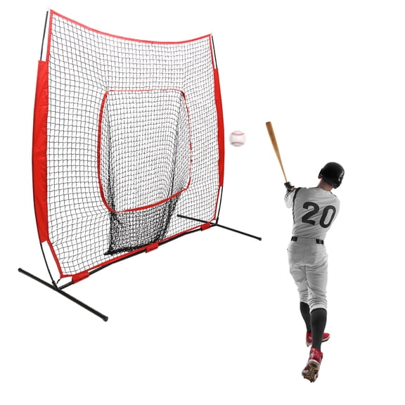 Wildnix Red Foldable Softball and Baseball Hitting Training Net, 7x7ft, with Iron Spikes, Non-slip Pads, and Deep Net for Stability and Efficient Ball Collection