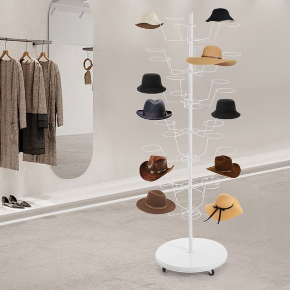Wildnix Retail Counter Display Hat Rack with Universal Wheels, Stylish White Free-Standing Design, 35 Hat Positions, Easy to Assemble
