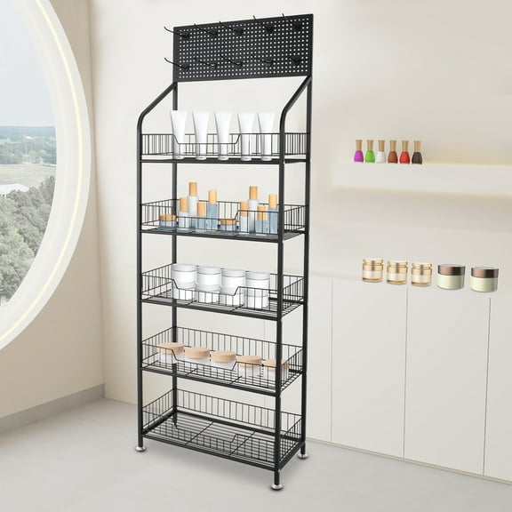 Wildnix Retail Counter Display Rack with 5 Tiers, Hooks, Wheels, and Elevated Guardrails for Efficient Store Organization