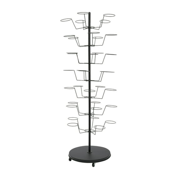 Wildnix Retail Counter Hat Display Rack, 7-Tier Steel Pipe and Iron Wire Design, Black Color, 35 Hat Positions, Mobile with 4 Wheels and Brakes, Modern Free Standing