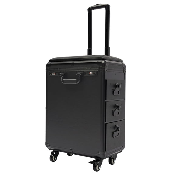 Wildnix Rolling Makeup Train Case with 3 Drawers, Large Capacity, Universal Wheels, Adjustable Height Pull Rod, Durable PU Material, Modern Black Design for Easy Storage