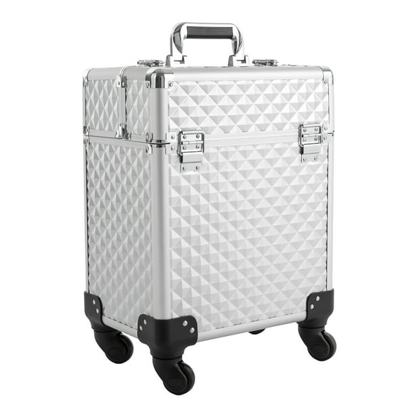 Wildnix Rolling Makeup Train Case, Large Capacity Cosmetic Case with Adjustable Pull Rod and Wheels, Silver, Stylish &