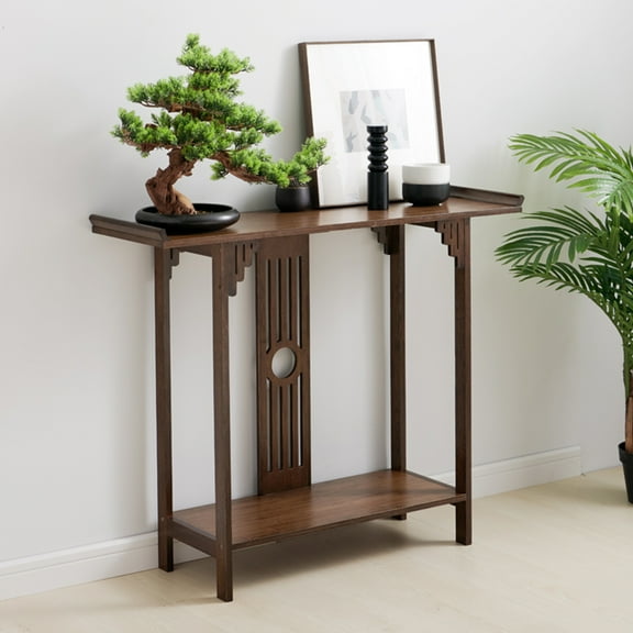 Wildnix Storage Cabinets Sturdy Bamboo Entryway Table with Walnut Tone, Vintage Chinese-Style Design, Large Capacity with 2 Platforms, Easy to Clean and Assemble, Ideal for Home Decoration