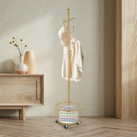 Wildnix Stylish Gold Clothing Hanging Rack with Cactus Design, Heavy-Duty Carbon Steel, and Easy-to-Move Wheels for Efficient Storage