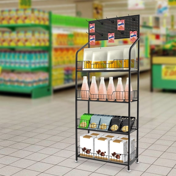 Wildnix Stylish and Retail Counter Display Rack with 4 Tiers, Hooks, Adjustable Feet, and Wheels for Organized Store Display
