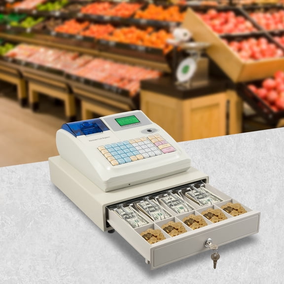 Wildnix Supermarket Cash Register, 4 Bill Compartments, 5 Coin Compartments, Automatic Pop-Up Design, Employee and Customer Screens, Efficient and Secure, Energy Efficient