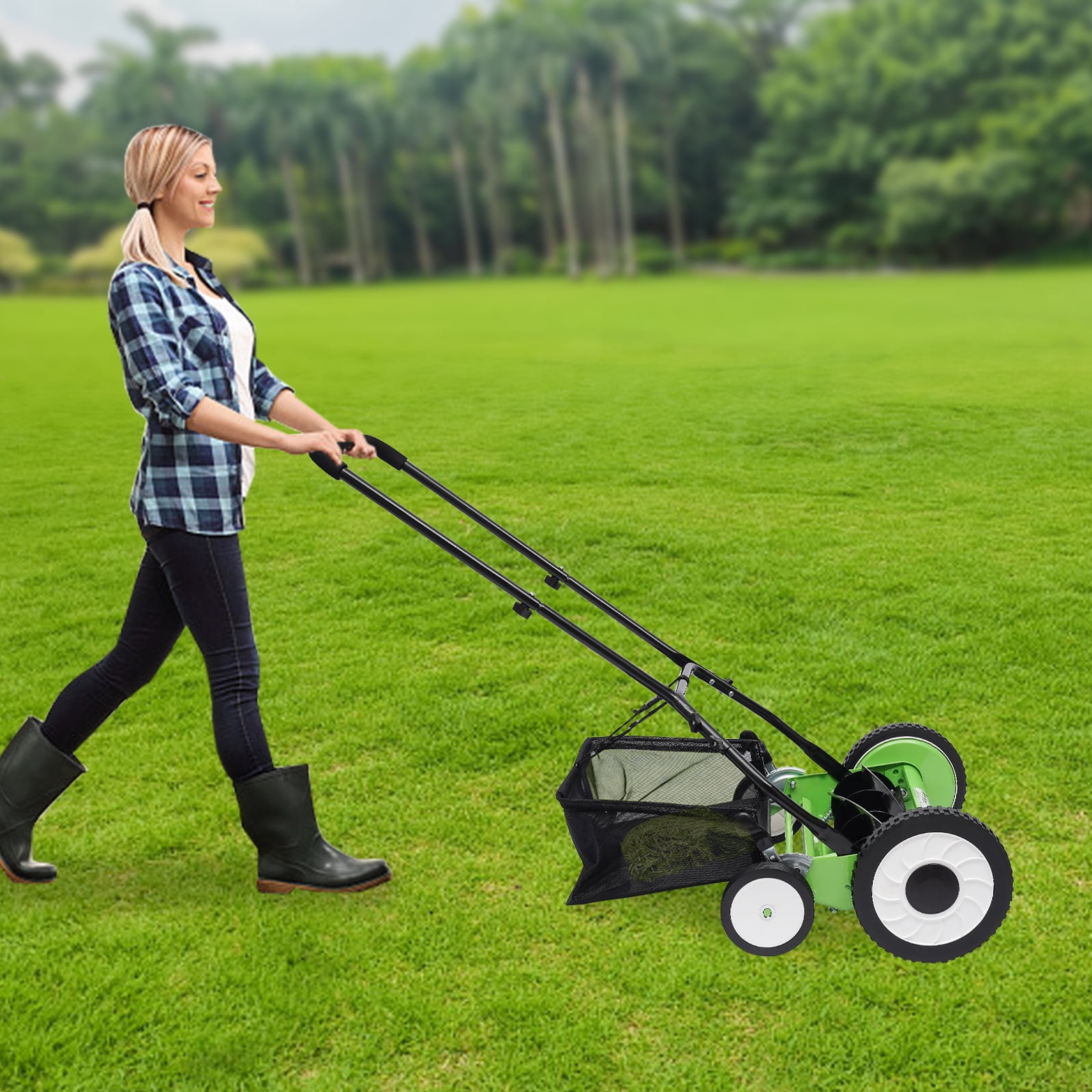 Wildnix Walk-Behind Lawn Mower with 16-inch Mowing Width, 9 Adjustable Heights, Manganese Steel Blades, Eco-Friendly, Easy to Store