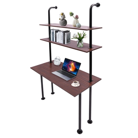Wildnix Wall Mounted Floating Computer Desk  Industrial Iron Pipe, Eco-Board, Modern Design, 3 Tiers, 110lbs Capacity, Space-Saving, Ideal for Home and Office Use