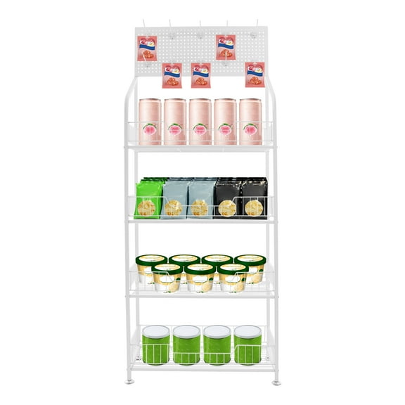 Wildnix White 4-Tier Retail Display Rack with Adjustable Hooks, Wheels, Elevated Guardrails and Raised Bottom for Efficient Storage