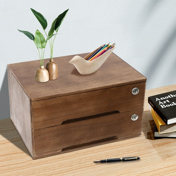 Wildnix Wooden Desktop Storage Box, 2-Drawer Organizer with Lock ...