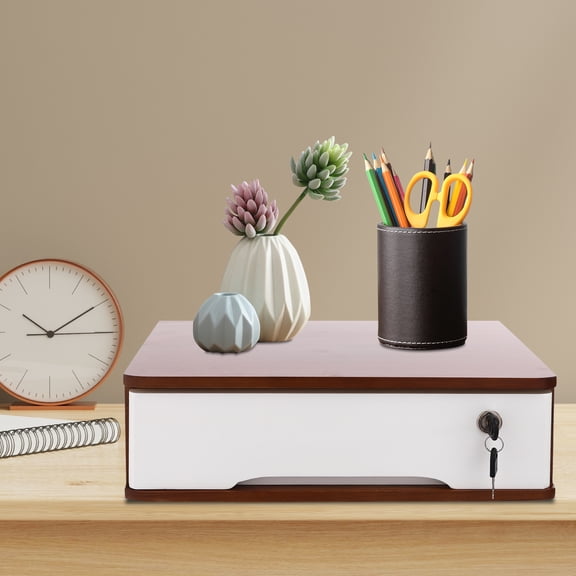 Wildnix Wooden Desktop Storage Box with Lockable Drawer, Modern Walnut or White Design, Non-Slip Base for Office and Home Organization