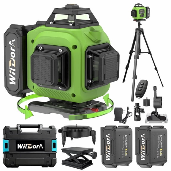 Wildora Laser Level, 16 Line 4x360° 4D Green Self-Leveling Laser Leveler Tool with Tripod & Remote, 2x4800mAh Li-ion Batteries, Hard Carry Case for Woodworking & Renovation