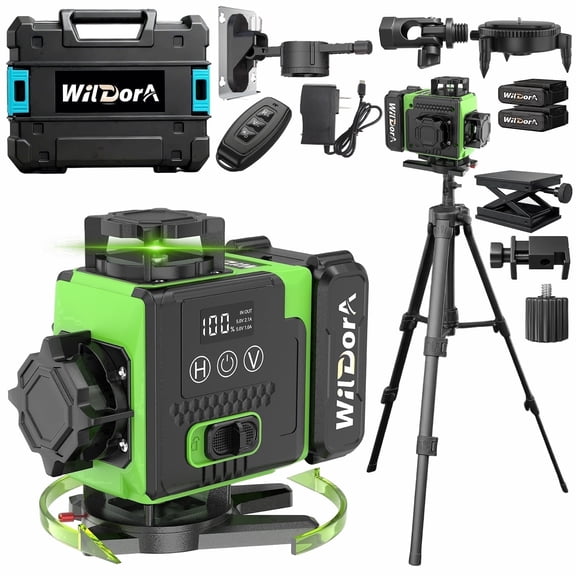 Wildora Laser Level with Tripod,4x360° Self Leveling 4D 16 Line Green Laser Level Tool,Remote Control,2x4800mAh Batteries & Hard Carry Case for Woodworking,Renovation