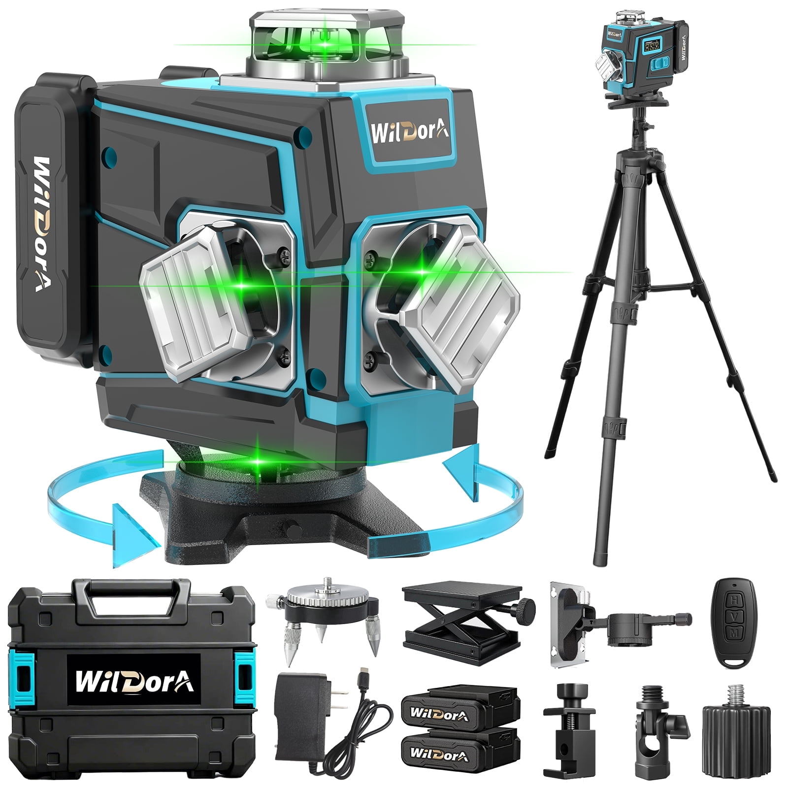 Wildora Laser Level, 4D Green 16 Line 4x360° Self Leveling Laser Level with Tripod, Remote Control, 2x4800mAh Li-ion Batteries & Hard Carry Case for Home Renovation, Woodworking & DIY