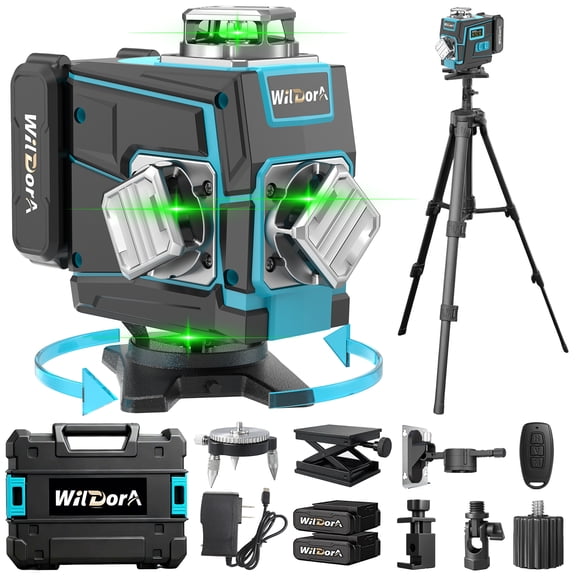 Wildora Laser Level, 4D Green 16 Line 4x360° Self Leveling Laser Level with Tripod, Remote Control, 2x4800mAh Li-ion Batteries & Hard Carry Case for Home Renovation, Woodworking & DIY