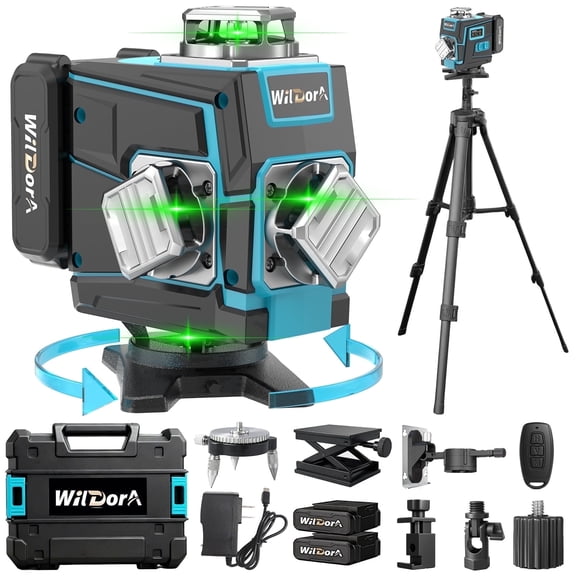 Wildora Laser Level with Tripod, 4D Green 16 Line 4x360 Self Leveling Laser Leveler Tool with Remote Control, 2x4800mAh Li-ion Batteries,Hard Case for Home Renovation,DIY