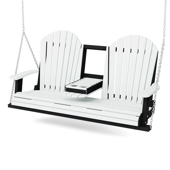 Wildridge Heritage 5' Porch Swing with Console, White and Black - Outdoor Weather Resistant Recycled Plastic Furniture for Patio
